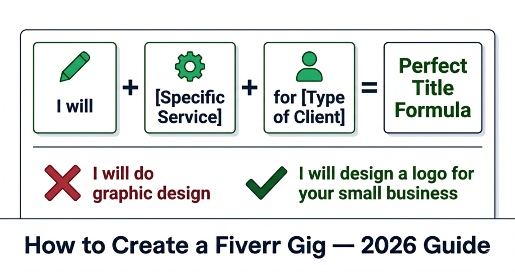 Fiverr gig title formula for beginners showing correct and incorrect title examples