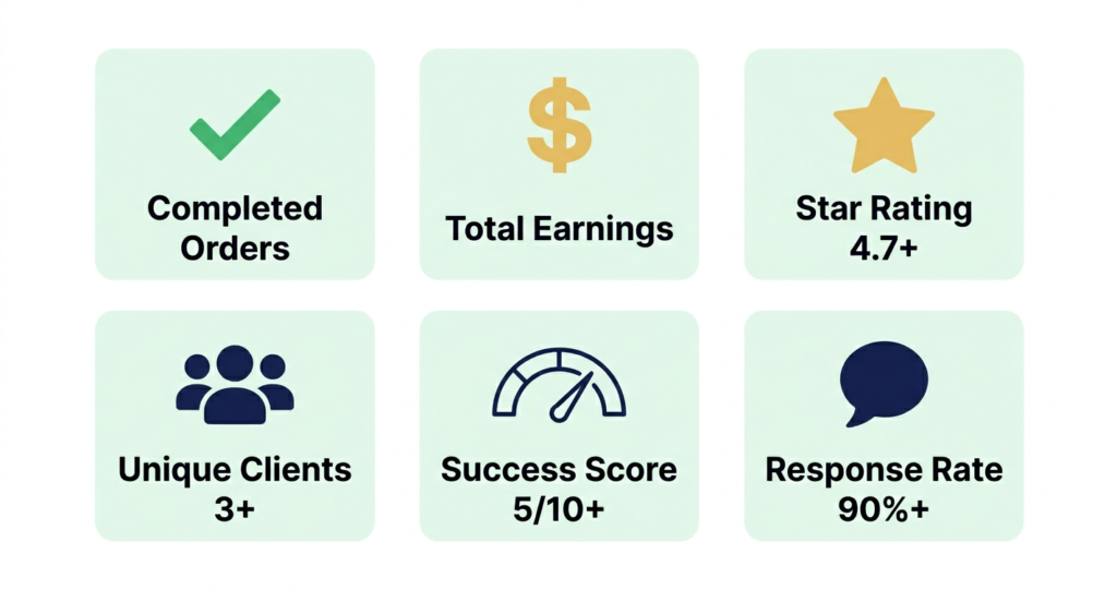 Fiverr 6 metrics for seller levels — orders earnings rating unique clients success score response rate