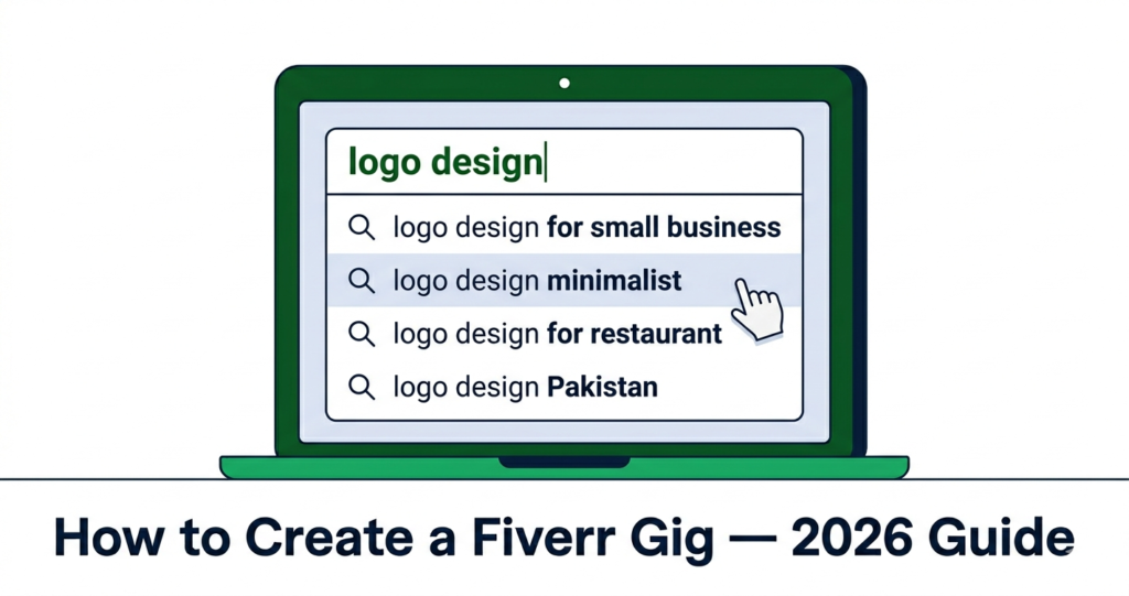 Fiverr search autocomplete showing keyword ideas for gig creation in Pakistan