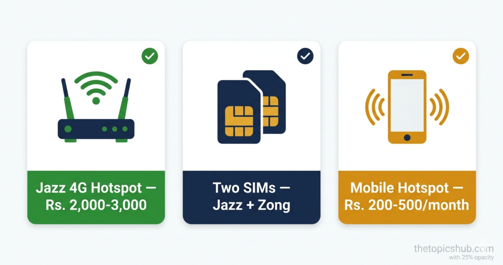 Load shedding ke liye freelancer internet backup options Pakistan — hotspot, two SIMs, 4G device