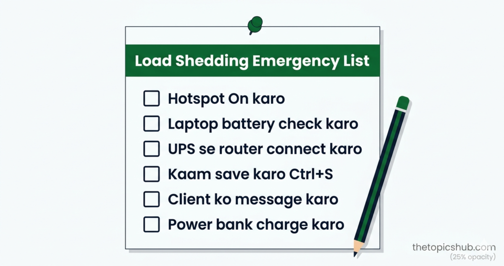 Load shedding emergency checklist for Pakistani freelancers — 6 steps to follow