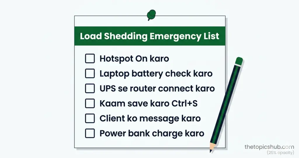 Load shedding emergency checklist for Pakistani freelancers — 6 steps to follow