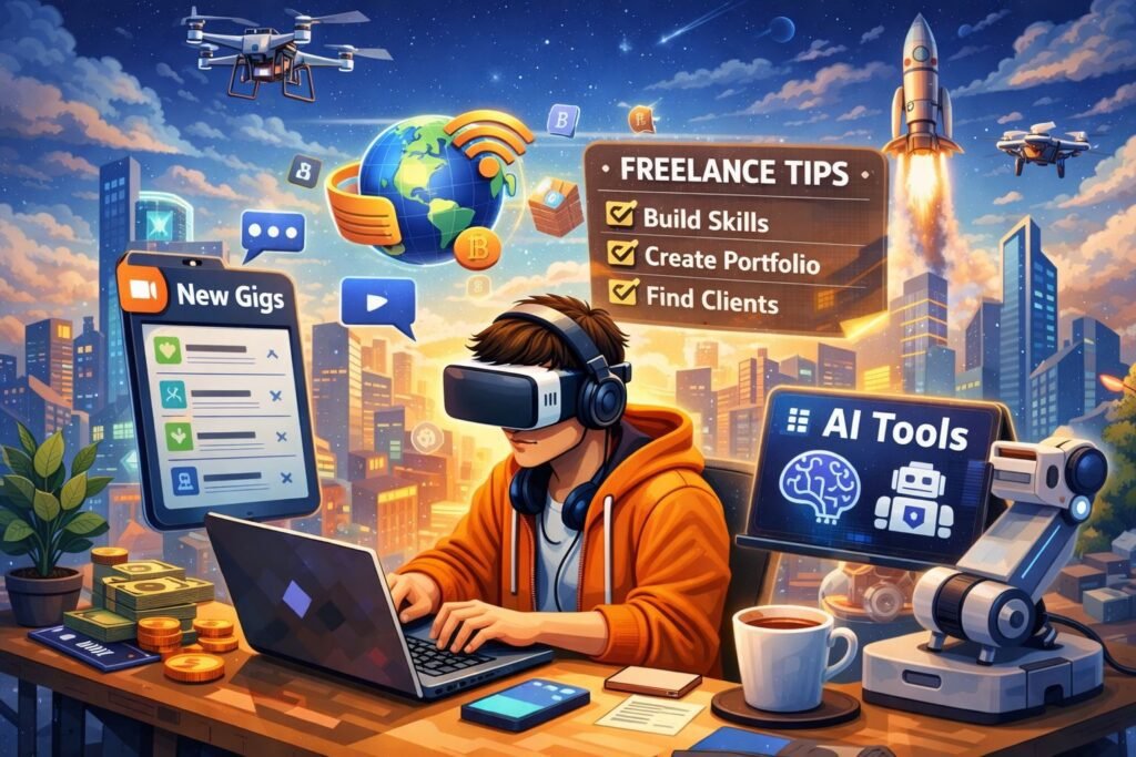 Digital illustration of a freelancer working on a laptop with AI tools, online gigs, and freelance career elements in 2026.
