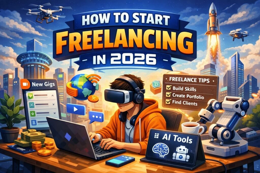 llustration of a freelancer working on a laptop in a futuristic 2026 workspace with AI tools, new gigs, and freelance tips.