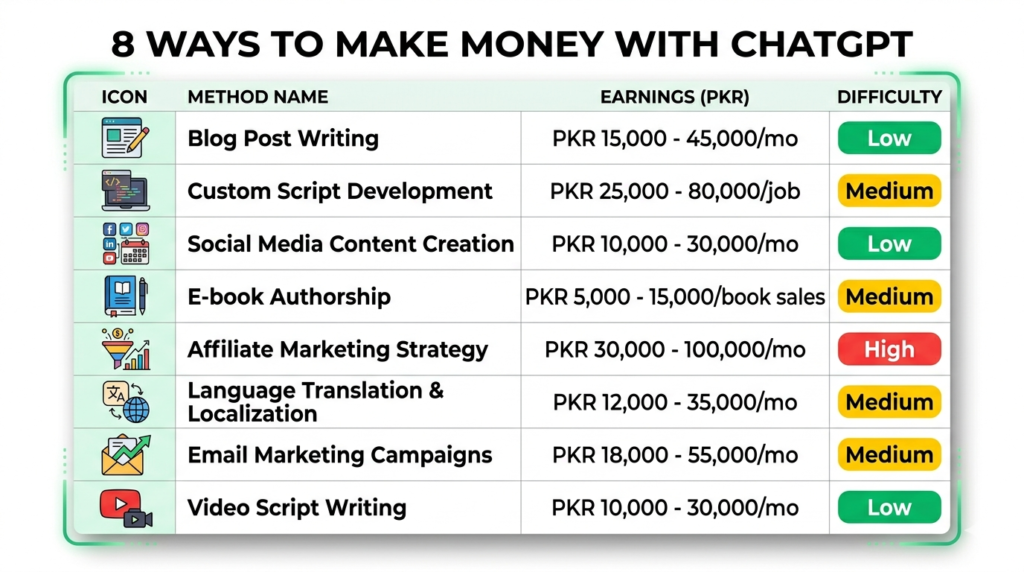 8 ways to make money with ChatGPT 2026 comparison table Pakistan